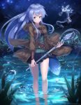 1girl :o aqua_eyes bangs bare_legs belt black_skirt blush breasts brown_coat coat collarbone commentary_request cowboy_shot creature duel_monster eria eyebrows_visible_through_hair fireflies grass green_shirt holding holding_staff hooded_coat large_breasts long_hair long_sleeves looking_at_viewer night night_sky nukenin pleated_skirt pond reflection ribbed_shirt ripples shirt sidelocks signature skirt sky solo_focus staff star_(sky) starry_sky test_tube wading water water_drop wide_sleeves yuu-gi-ou 