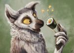  2020 anthro chopsticks fluffy food fur green_background grey_body grey_fur holding_food holding_object kebi lemur mammal open_mouth open_smile primate simple_background smile solo strepsirrhine sushi whiskers 