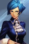  1girl ahoge blue_eyes blue_hair breasts closed_mouth elisabeth_blanctorche hankuri jacket looking_at_viewer short_hair simple_background solo the_king_of_fighters upper_body 