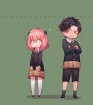  /\/\/\ 1boy 1girl ania_(spy_x_family) black_hair blush brown_eyes buttons crossed_arms damian_desmond full_body green_background green_eyes long_sleeves medium_hair pink_hair school_uniform shaded_face shoes short_hair shorts simple_background socks spy_x_family standing uji_matcha 