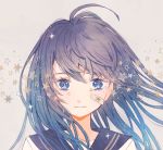  1girl bandaid bandaid_on_face blue_eyes blue_hair commentary_request gradient_hair grey_background light_frown long_hair looking_at_viewer multicolored_hair original portrait ryokuno_green sailor_collar shirt solo sparkle star white_shirt 