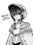  1girl :d bloodborne boa_(brianoa) bonnet cape catchphrase english_text eyebrows_visible_through_hair flower gem greyscale hair_flower hair_ornament looking_at_viewer monochrome open_mouth plain_doll short_hair simple_background smile solo white_background 