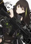  1girl armpits assault_rifle bangs blurry blurry_background brown_hair closed_mouth e_draw_paint expressionless eyebrows_visible_through_hair girls_frontline gloves gun hair_between_eyes hair_ornament highres holding holding_weapon jacket long_hair long_sleeves looking_at_viewer m4_carbine m4a1_(girls_frontline) mod3_(girls_frontline) multicolored_hair orange_eyes personification rifle solo turtleneck two-tone_hair weapon 