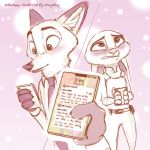  1:1 2020 anthro blush canid canine cellphone clothed clothing disney english_text fox fully_clothed fur hi_res holding_cellphone holding_object holding_phone judy_hopps lagomorph leporid mammal necktie nick_wilde phone pink_theme qalcove rabbit red_fox shirt text topwear zootopia 