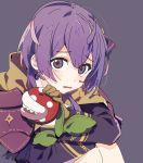  1girl ahoge ap_bar bernadetta_von_varley bow crossover earrings eyebrows_visible_through_hair eyes_visible_through_hair fire_emblem fire_emblem:_three_houses gloves hair_bow jewelry knees_to_chest leather leather_gloves long_sleeves looking_at_viewer open_mouth piranha_plant purple_background purple_eyes purple_hair short_hair simple_background sitting solo stuffed_toy tareme tears wavy_mouth 