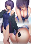  1girl ass black_eyes black_jacket blue_hair blue_swimsuit breasts cleavage commentary_request competition_swimsuit cowboy_shot highleg highleg_swimsuit highres jacket looking_at_viewer machimura_komori medium_breasts multiple_views one-piece_swimsuit open_clothes open_jacket original short_ponytail standing swimsuit white_background 