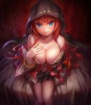  1girl blue_eyes bracelet breasts carona_(last_period) cleavage closed_mouth collarbone commentary_request feet_out_of_frame hand_on_own_chest highres hood jewelry large_breasts last_period long_hair looking_at_viewer miniskirt navel red_hair sitting skirt solo uji_matcha 