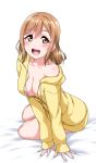  1girl :d arm_support bangs bed_sheet blush breasts brown_hair cleavage collarbone commentary_request highres jacket kunikida_hanamaru long_hair long_sleeves looking_at_viewer love_live! love_live!_sunshine!! medium_breasts naked_coat off_shoulder open_mouth sitting smile solo white_background yellow_eyes yellow_jacket yopparai_oni 