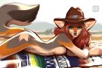  2020 5_fingers anthro blue_eyes brown_hair canid canine canis clothing coyote day detailed_background digital_media_(artwork) dragonfu eyebrows eyelashes female fingers hair hat headgear headwear hi_res looking_at_viewer lying mammal maple_flake on_front outside sky solo 