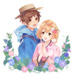  1boy 1girl blonde_hair braid brown_eyes brown_hair djeeta_(granblue_fantasy) flower gran_(granblue_fantasy) granblue_fantasy hair_between_eyes hair_flower hair_ornament hat hood japanese_clothes kimono leaf morning_glory open_mouth plant short_twintails siruphial smile straw_hat twintails vines yukata 