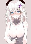  1girl aa-12_(girls_frontline) blue_eyes blush breasts character_request cleavage collarbone copyright_request girls_frontline grey_background hair_ornament highres hourai_kochou long_hair looking_at_viewer self_exposure shirt_pull solo sweat upper_body wavy_mouth white_hair 
