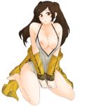  1girl areola_slip areolae bare_shoulders blush breasts brown_eyes brown_hair cleavage coat collarbone curvy eyebrows_visible_through_hair feet fire_emblem fire_emblem_awakening fire_emblem_heroes full_body highres light_blush long_hair looking_at_viewer medium_breasts nipple_slip nipples no_bra no_panties parted_lips partially_undressed pulling robin_(fire_emblem) robin_(fire_emblem)_(female) solo super_smash_bros. surprised tank_top thighs tridisart twintails yellow_coat 