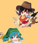  3girls animal animal_on_head bandana bird bird_on_head black_hair black_wings blonde_hair blue_hair blue_shirt boots brown_footwear brown_headwear brown_skirt chibi chick commentary_request cowboy_boots cowboy_hat drawing dress feathered_wings feet_up frills girl_on_top green_headwear haniyasushin_keiki hat head_scarf highres holding kurokoma_saki long_hair lying multicolored_hair multiple_girls niwatari_kutaka on_ground on_head on_stomach open_mouth orange_skirt outstretched_arms pink_eyes pleated_skirt ponytail red_eyes red_hair sandals satoupote shirt skirt smile sweatdrop touhou wavy_mouth white_shirt wings yellow_dress 