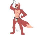  anthro armpit_hair body_hair canid canine clothing eye_patch eyewear five_nights_at_freddy&#039;s fox foxy_(fnaf) fur hi_res hook inkart_flow jockstrap male mammal mostly_nude muscular nipples open_mouth pirate scar simple_background smile solo standing tongue underwear video_games white_background 