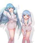  2girls adjusting_hair blue_eyes blue_hair blush breasts celeas cleavage commentary_request covering_mouth feathered_wings feet_out_of_frame highres knees_together_feet_apart last_period leaning_forward long_hair looking_at_viewer medium_breasts multiple_girls naked_shirt olden open_mouth pointy_ears red_eyes shirt sidelocks signature simple_background smile standing translation_request uji_matcha white_background wings 