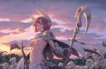  armor bigrbear breasts cape cloud dragon_girl forest gauntlets green_eyes highres looking_at_viewer nature navel nipples original outdoors pauldrons pointy_ears red_hair scythe short_hair sky standard_bearer weapon 