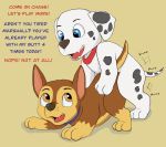  blue_eyes brow_eyes canid canine canis chase_(paw_patrol) club_(disambiguation) collar cub domestic_dog english_text feral fur hi_res jessotter_(artist) male male/male mammal marshall_(paw_patrol) paw_patrol text young 