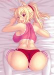  1girl all_fours animal_ear_fluff animal_ears ass bangs blonde_hair blush breasts buruma cat_ears english_text eyebrows_visible_through_hair fast-runner-2024 from_above hair_between_eyes halter_top halterneck highres large_breasts long_hair looking_at_viewer midriff open_mouth original red_buruma red_eyes slit_pupils solo thighhighs tiffy_(fast-runner-2024) tongue tongue_out watermark web_address white_legwear 