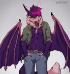  2020 anthro chiropteran clothed clothing digital_media_(artwork) hair hybrid kaitycuddle male mammal membrane_(anatomy) membranous_wings purple_hair simple_background solo standing wings 