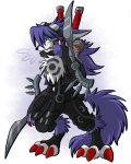  3_toes ambiguous_gender anthro appmon_(species) belt blue_eyes claws clothing digimon digimon_(species) ears_down fluffy fluffy_chest fluffy_tail fur hair long_hair markings pivoted_ears purple_body purple_fur red_claws shutmon snout softkeychains toe_claws toes weapon white_body white_fur worried 