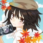  1girl autumn_leaves black_hair blue_background blush branch brown_eyes brown_headwear cabbie_hat camera chinese_commentary commentary_request fingernails from_side hat holding holding_camera kanta_(pixiv9296614) leaf lips looking_at_viewer maple_leaf partial_commentary shameimaru_aya shirt short_hair smile solo touhou upper_body white_shirt 