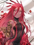  blank_stare close-up dark_skin granblue_fantasy hair_between_eyes highres leotard long_hair mad_pingu red_eyes red_hair smile very_long_hair wide-eyed yatima 