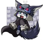  2018 ambiguous_gender anthro appmon_(species) big_ears blue_eyes blush clothing digimon digimon_(species) eyewear fluffy fluffy_tail fur goggles grey_background haruma7910 hat headgear headwear large_jacket markings offmon open_mouth purple_body purple_fur simple_background softkeychains white_body white_fur 