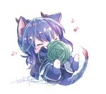  1girl animal_ears arknights bangs black_shorts blush cat_ears ch&#039;en_(arknights) chibi closed_eyes dragon_tail eyebrows_visible_through_hair fingerless_gloves gloves horns keluy lying musical_note on_back shorts signature solo tail white_background yarn yarn_ball 