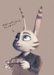  anthro blue_eyes clothed clothing dante-ml dialogue disney ear_markings english_text facial_markings fur grey_body grey_fur head_markings head_tuft holding_object inner_ear_fluff jack_savage lagomorph leporid mammal markings rabbit simple_background solo text tuft zootopia 
