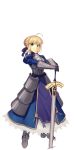 absurdres ahoge armor artoria_pendragon_(all) blonde_hair blue_dress boa_(brianoa) braid braided_bun breastplate closed_mouth dress excalibur fate/stay_night fate_(series) faulds full_body gauntlets green_eyes hair_ribbon hands_on_hilt highres juliet_sleeves legs_apart long_sleeves looking_at_viewer metal_boots planted_sword planted_weapon plate_armor pose puffy_sleeves purple_ribbon ribbon saber sidelocks smile standing sword transparent_background weapon 