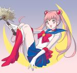  1girl absurdres axe bishoujo_senshi_sailor_moon bow choker cosplay crescent_moon double_bun fire_emblem fire_emblem:_three_houses gloves gradient gradient_background hair_ornament highres hilda_valentine_goneril mlr2004 moon open_mouth pink_hair pleated_skirt ribbon sailor_moon sailor_moon_(cosplay) sailor_senshi_uniform skirt smile tiara twintails wand 
