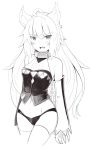  1girl absurdres atalanta_(alter)_(fate) atalanta_(fate) bangs bare_shoulders belt_collar blush boa_(brianoa) chain claws collar cowboy_shot detached_sleeves eyebrows_visible_through_hair fate/apocrypha fate_(series) greyscale highres long_hair looking_at_viewer monochrome navel open_mouth panties simple_background solo standing thighhighs underwear very_long_hair vest white_background 