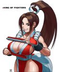  1girl breasts brown_eyes brown_hair cleavage closed_fan commentary copyright_name fan fatal_fury fingerless_gloves folding_fan gloves hair_ornament highres holding holding_fan japanese_clothes john_crayton large_breasts ninja no_bra ponytail revealing_clothes ribbon shiranui_mai sideboob smirk solo the_king_of_fighters upper_body 