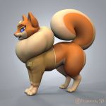  1:1 3d_(artwork) blue_pupils canid canine clothing digital_media_(artwork) feodaron_sd feral hi_res mammal multicolored_tail pride_(changing_fates) raised_tail side_view signature solo text thick_thighs topwear 