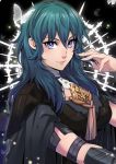  1girl absurdres armor armored_dress artist_name black_background blue_eyes blue_hair breasts bug butterfly byleth_(fire_emblem) byleth_(fire_emblem)_(female) cloak closed_mouth detached_collar eyebrows_visible_through_hair fire_emblem fire_emblem:_three_houses hair_between_eyes highres insect light_particles lips looking_at_viewer maiulive medium_breasts medium_hair signature smile solo upper_body 
