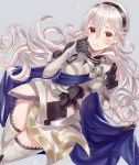  1girl armor armored_boots armored_dress black_gloves blush boots breasts cape cape_hold closed_mouth corrin_(fire_emblem) corrin_(fire_emblem)_(female) dress dutch_angle fire_emblem fire_emblem_fates floating_hair gauntlets gloves grey_background hair_between_eyes hairband haru_(nakajou-28) highres long_hair looking_at_viewer medium_breasts pointy_ears red_eyes short_dress silver_hair simple_background smile solo thigh_boots thighhighs thighs wavy_hair 