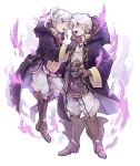  1boy 1girl asanokkkken aura belt dark_aura fire_emblem fire_emblem_awakening fire_emblem_heroes gloves grima_(fire_emblem) highres hood hood_down long_sleeves open_mouth red_eyes robin_(fire_emblem) robin_(fire_emblem)_(female) robin_(fire_emblem)_(male) short_hair simple_background twintails white_background white_hair 