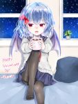  1girl 2019 bangs bed_sheet black_legwear black_sailor_collar blue_hair blue_skirt bow cup dated eyebrows_visible_through_hair fangs hair_between_eyes hair_bow happy_valentine highres holding holding_cup long_sleeves looking_away miniskirt nail_polish on_bed open_mouth pantyhose pink_nails pleated_skirt purple_wings red_bow red_eyes remilia_scarlet sailor_collar school_uniform shiny shiny_hair short_hair sitting sitting_on_bed skirt solo sweater thigh_strap touhou white_sweater wings yurara_(aroma42enola) 
