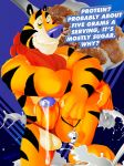  anthro ascot balls blue_nose bodily_fluids cereal cereal_box cereal_mascot clothing crossed_arms digital_media_(artwork) erection eyebrows felid food frosted_flakes fur genital_fluids genitals handkerchief hi_res humanoid_penis kellogg&#039;s looking_at_viewer lustful_eyes male mammal mascot milk muscular muscular_male pantherine pecs penis raised_eyebrow ruined_childhood skittleytwix smile solo stripes tiger tony_the_tiger yellow_eyes 