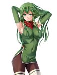  1girl absurdres armpits arms_up breasts closed_mouth elbow_gloves fire_emblem fire_emblem:_mystery_of_the_emblem gloves green_eyes green_gloves green_hair highres large_breasts long_hair palla_(fire_emblem) pantyhose simple_background solo tamamon thighhighs white_background 