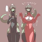  1:1 anthro big_breasts breast_size_difference breasts cleavage clothed clothing dress duo female fully_clothed hi_res huge_breasts inumatori legwear lizard non-mammal_breasts reptile scalie simple_background small_breasts thigh_highs 