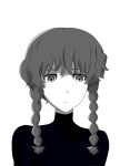  1girl absurdres amane_suzuha bangs breasts grey_hair greyscale highres long_sleeves looking_at_viewer monochrome portrait simple_background solo steins;gate white_background 