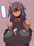  between_breasts big_breasts blush breasts collar female horn horned_humanoid humanoid inumatori solo wounded 