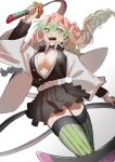  1girl belt black_skirt breasts cleavage coat cowboy_shot green_eyes green_hair green_legwear hair_between_eyes haori heart heart_print highres japanese_clothes kanroji_mitsuri katana kimetsu_no_yaiba large_breasts long_hair long_sleeves looking_at_viewer midriff miniskirt mole mole_under_eye multicolored_hair open_mouth partially_unbuttoned pink_hair pleated_skirt ribbed_legwear simple_background skirt smile solo sword thighhighs tri_braids two-tone_hair uniform vumiposu weapon whip_sword white_background wide_sleeves 