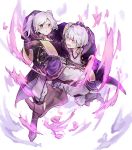  1boy 1girl asanokkkken aura belt dark_aura fire_emblem fire_emblem_awakening fire_emblem_heroes gloves grima_(fire_emblem) highres hood hood_down long_sleeves open_mouth red_eyes robin_(fire_emblem) robin_(fire_emblem)_(female) robin_(fire_emblem)_(male) short_hair simple_background twintails white_background white_hair 