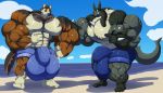  5_toes anthro balls beach big_balls big_bulge big_muscles big_penis bobert bulge canid canine canis clothed clothing cloud day genitals gesture huge_balls huge_bulge huge_muscles huge_penis hyper hyper_balls hyper_bulge hyper_genitalia hyper_muscles hyper_penis iron99 looking_at_another looking_at_viewer lucario male mammal muscular nintendo penis pointing pok&eacute;mon pok&eacute;mon_(species) sea seaside short_jeans sky toes topless video_games water wolf 