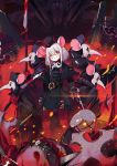  1girl 6+others animal_ears armor bangs blood bloody_weapon blush coat dual_wielding gloves grey_hair gun hat highres holding holding_gun holding_sword holding_weapon mask mask_removed medium_hair military military_uniform mouse_ears mouse_girl multiple_others original plague_doctor_mask polearm ranyu red_gloves red_legwear spear sword uniform weapon 