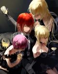  4girls artoria_pendragon_(all) bare_shoulders black_dress blonde_hair bow breasts cleavage cup dress drinking_glass fate/grand_order fate_(series) formal fujimaru_ritsuka_(female) hair_bow highres holding holding_cup jeanne_d&#039;arc_(alter)_(fate) jeanne_d&#039;arc_(fate) jeanne_d&#039;arc_(fate)_(all) long_hair mash_kyrielight multiple_girls necktie one_eye_closed orange_hair pant_suit purple_hair saber saber_alter side_ponytail suit white2013 wine_glass yellow_eyes yuri 
