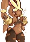  blush bodily_fluids breasts brown_body brown_fur clothed clothing female flying_sweatdrops fur hi_res lagomorph looking_at_viewer mammal mega_evolution mega_lopunny motion_lines navel nintendo open_mouth pok&eacute;mon pok&eacute;mon_(species) simple_background stretching sweat sweatdrop teeth uyu video_games white_background 