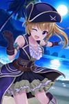  1girl absurdres alternative_girls belt blonde_hair boots gloves hat highres mizushima_airi moon moonlight night ocean official_art one_eye_closed palm_tree pirate_hat ponytail purple_eyes sand sleeveless smile star_(sky) tree 